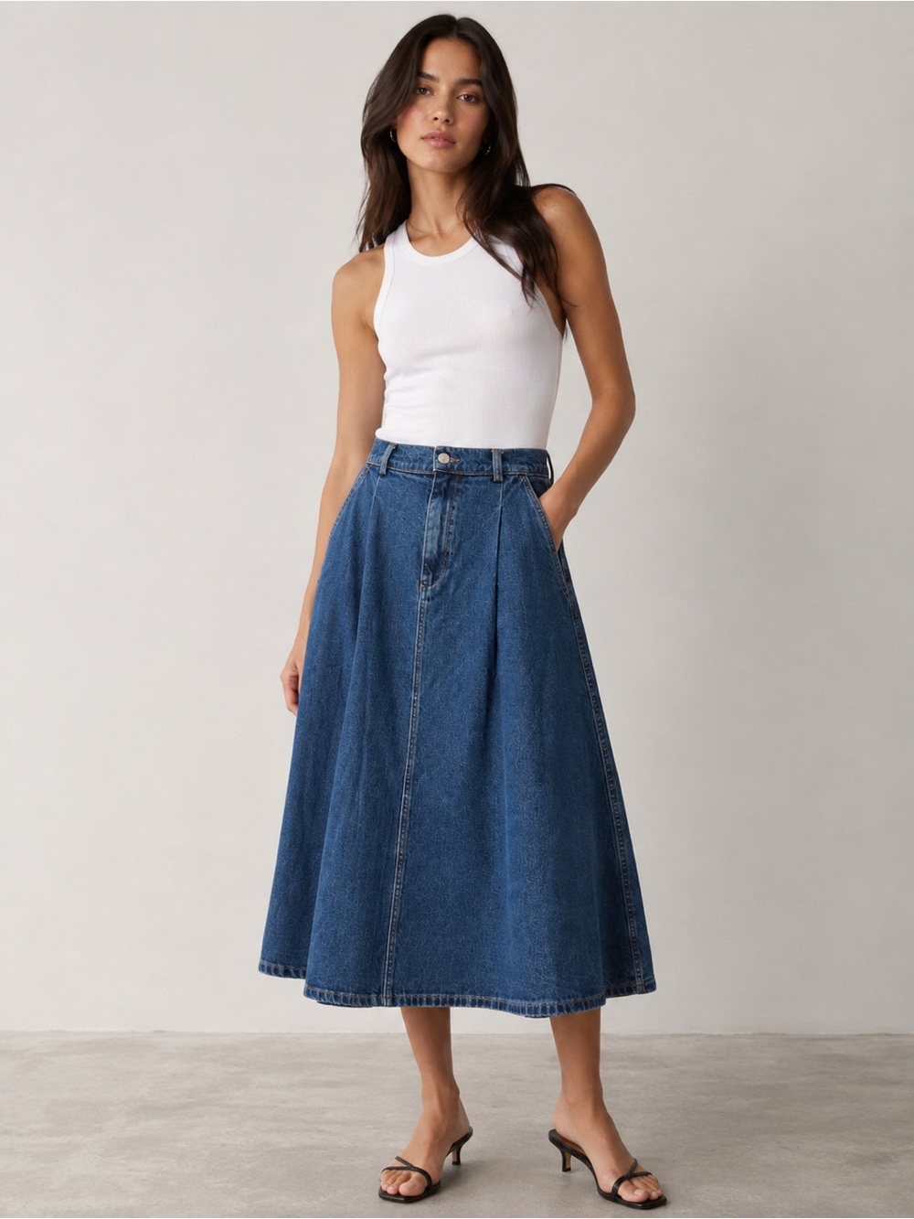 The New Society Blue Denim A-Line Midi Skirt